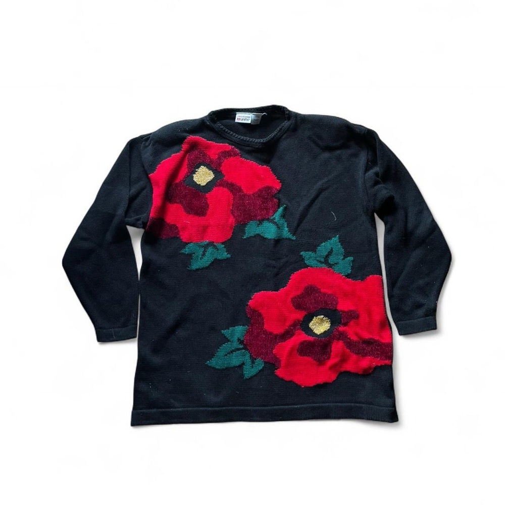 Vintage Christmas sweater with red poinsettias